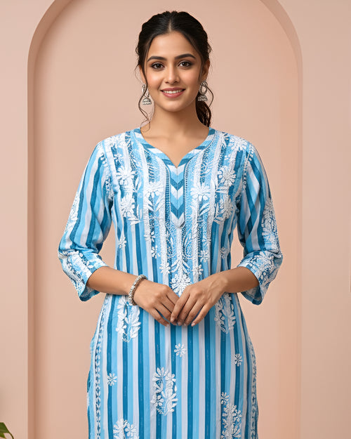 Khadi Cotton Handcrafted Chikankari Kurta Straight Fit - Teal Green