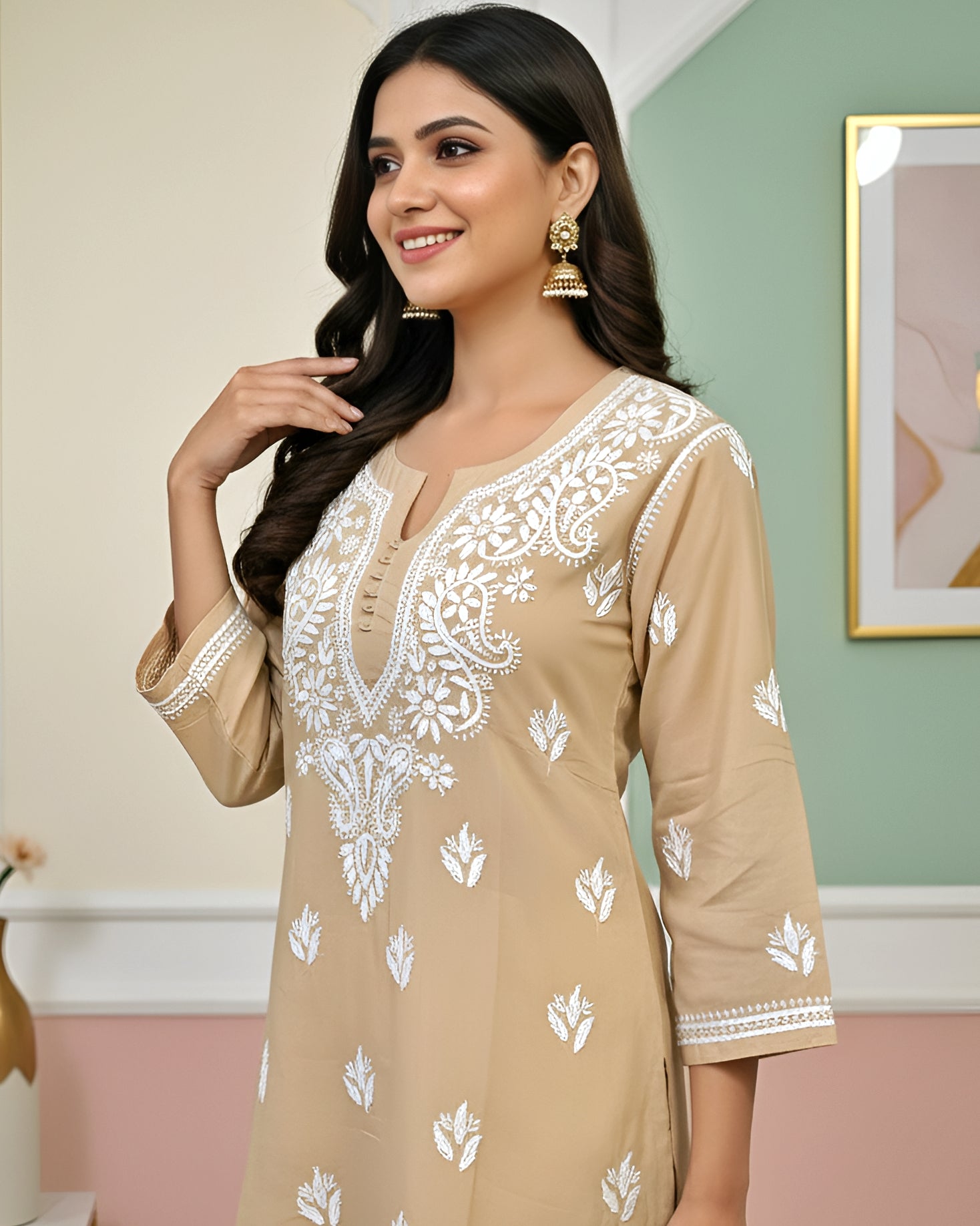 Modal Handcrafted Chikankari Short Kurta - Caramel Beige