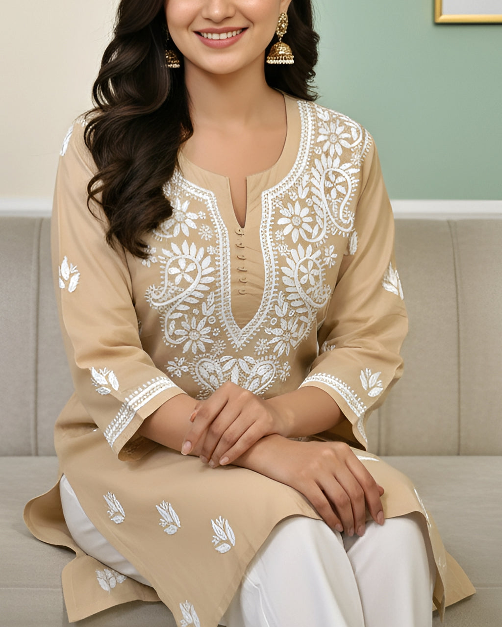 Modal Handcrafted Chikankari Short Kurta - Caramel Beige