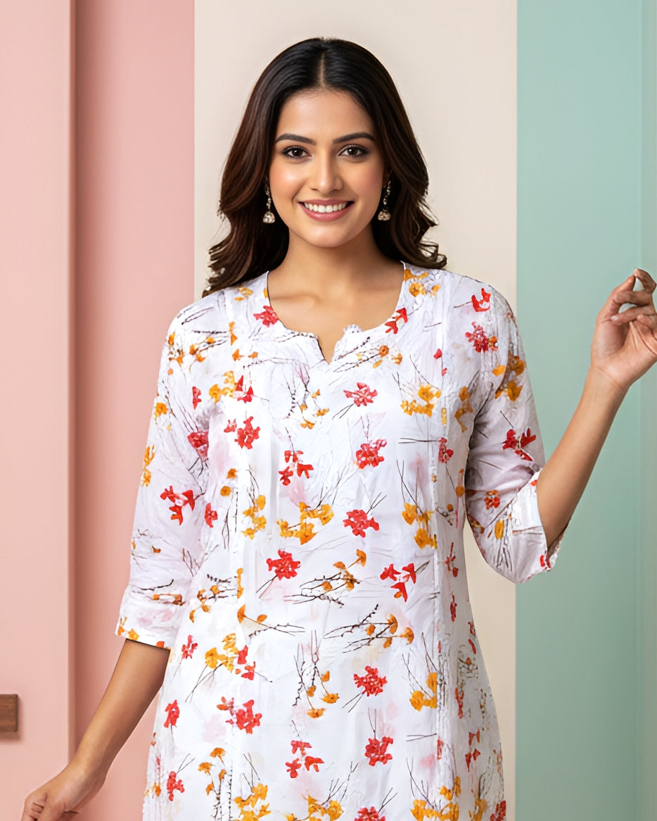 Mulmul Cotton Handcrafted Chikankari Floral Print Short Kurta - White & Red