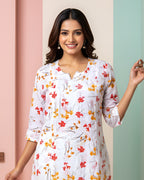 Mulmul Cotton Handcrafted Chikankari Floral Print Short Kurta - White & Red