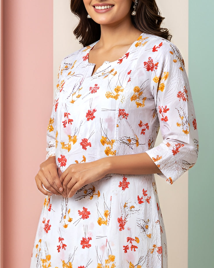 Mulmul Cotton Handcrafted Chikankari Floral Print Short Kurta - White & Red