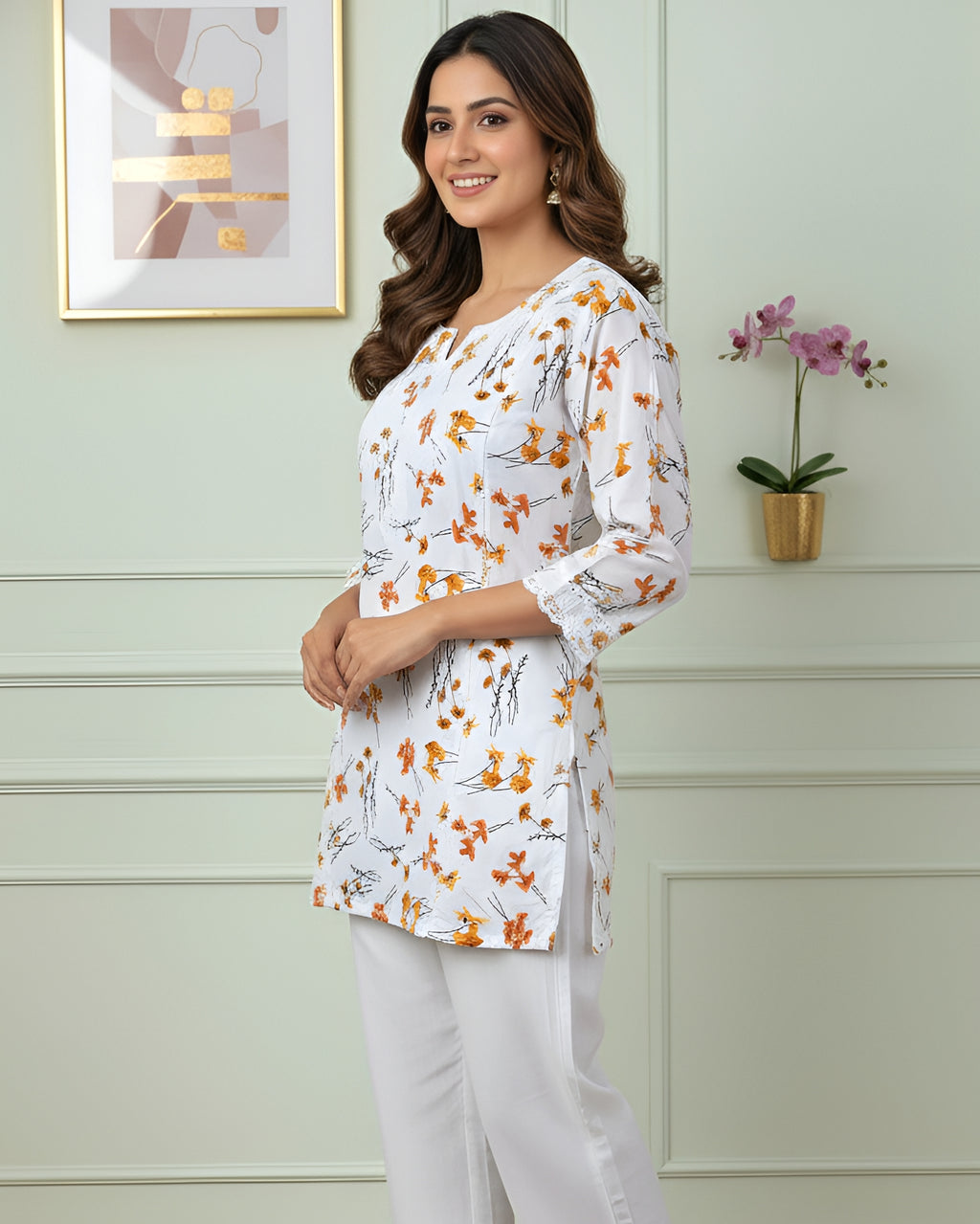 Mulmul Cotton Handcrafted Chikankari Floral Print Short Kurta - White & Yellow