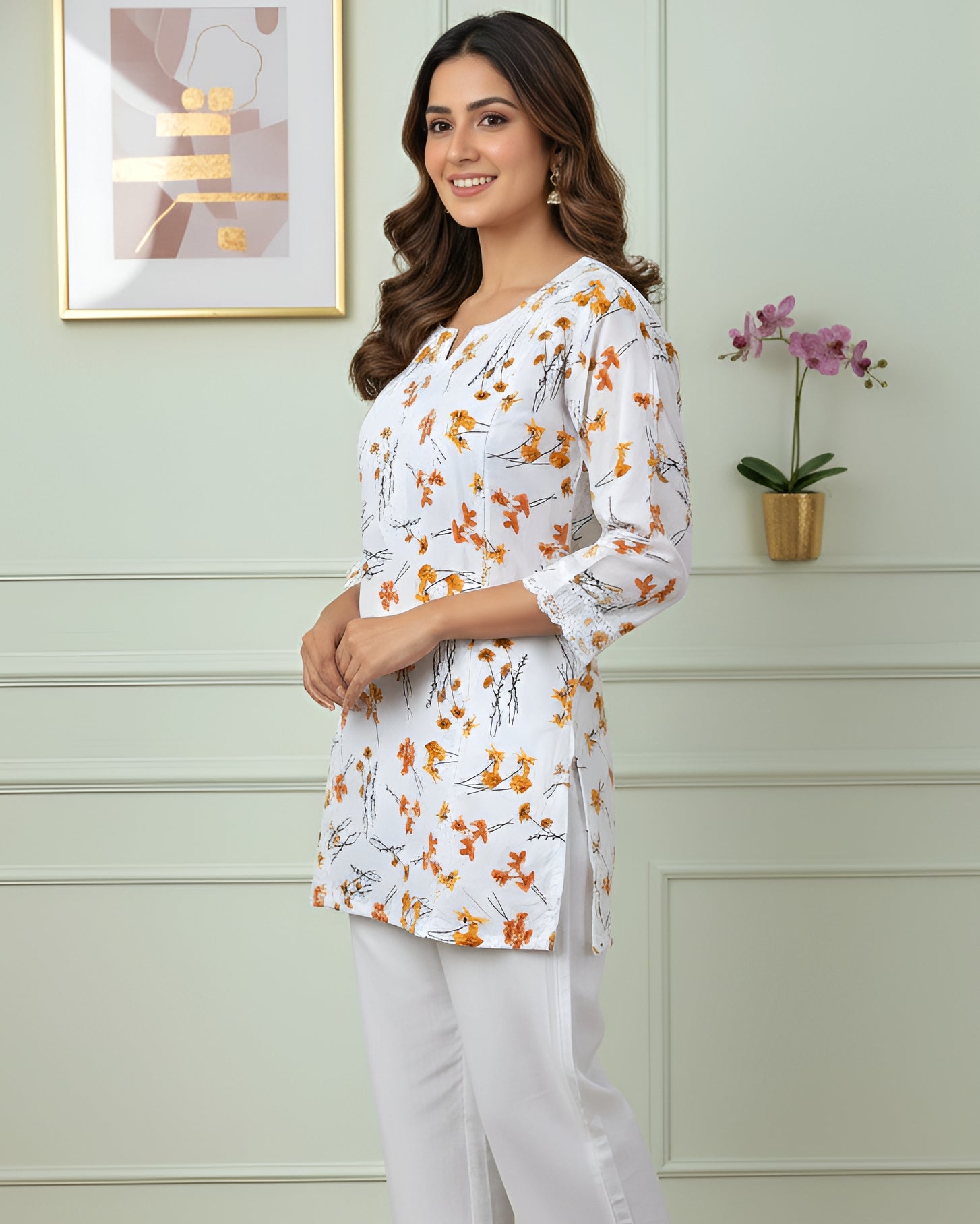 Mulmul Cotton Handcrafted Chikankari Floral Print Short Kurta - White & Yellow