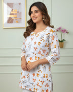 Mulmul Cotton Handcrafted Chikankari Floral Print Short Kurta - White & Yellow