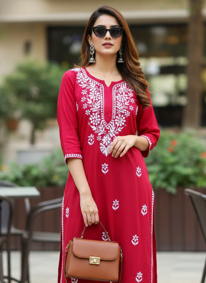 Rayon Handcrafted Chikankari Kurta Straight Fit-  Red (Bestseller)