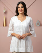 Viscose Chiffon Handcrafted Chikankari A-Line Tunic - Pearl White