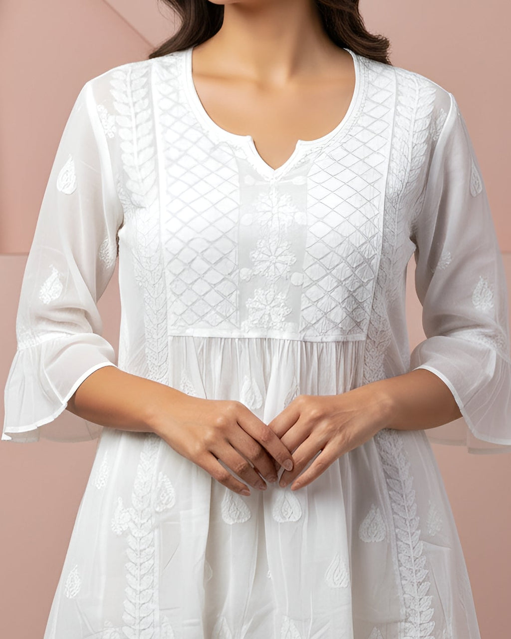 Viscose Chiffon Handcrafted Chikankari A-Line Tunic - Pearl White