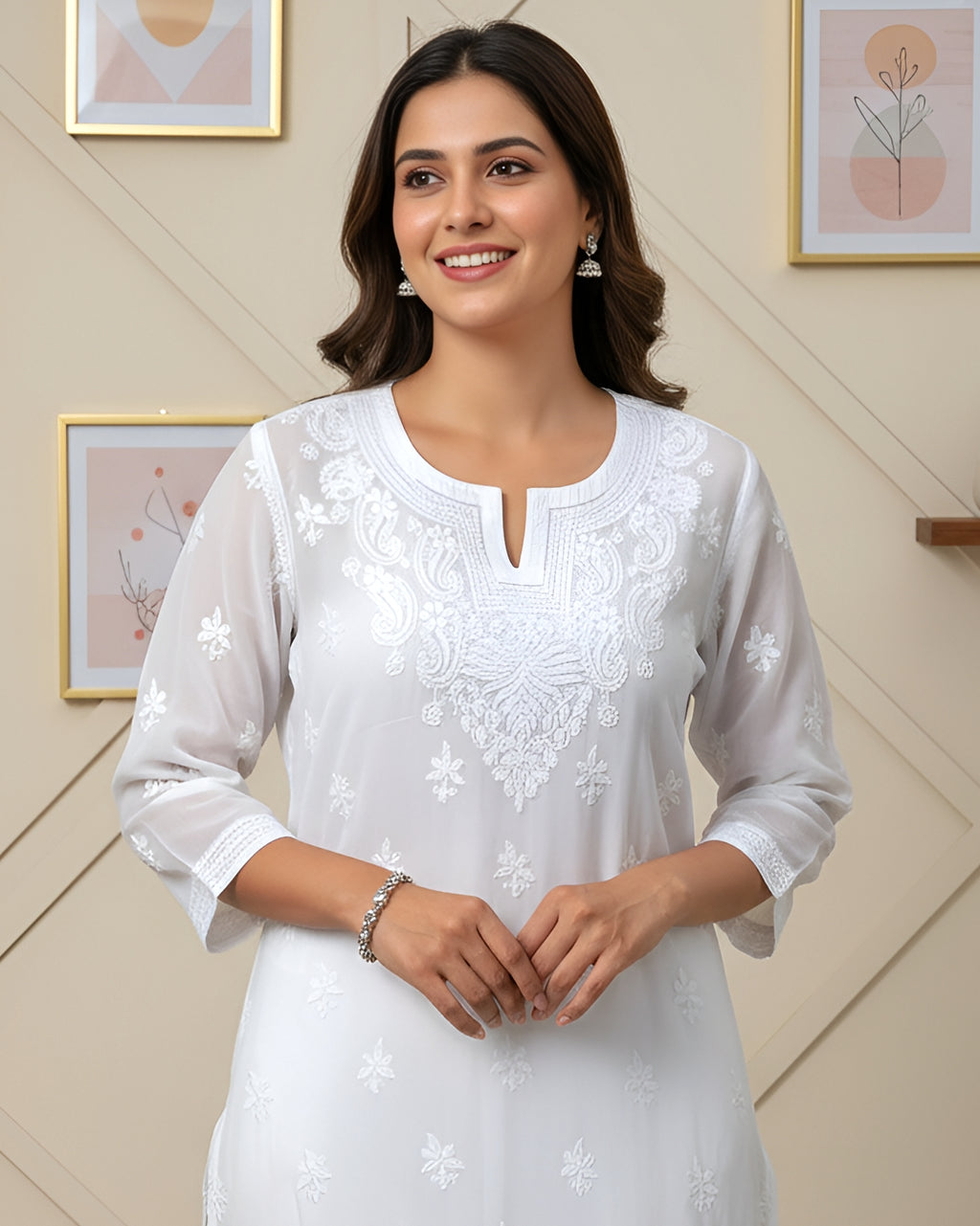 Viscose Chiffon Handcrafted Chikankari Short Kurta - Pearl White
