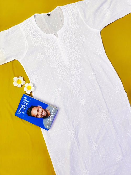 Dobby Cotton Handcrafted Chikankari Dyeable Kurta Straight Fit - Pure White - ADNEET