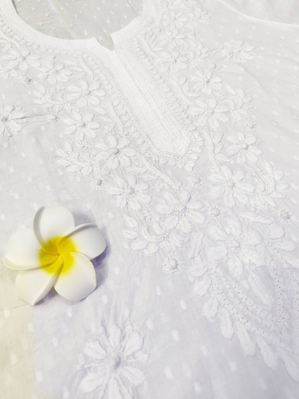 Dobby Cotton Handcrafted Chikankari Dyeable Kurta Straight Fit - Pure White - ADNEET