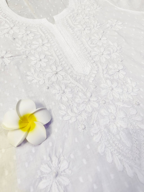 Dobby Cotton Handcrafted Chikankari Dyeable Kurta Straight Fit - Pure White - ADNEET