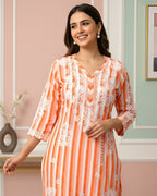 Khadi Cotton Handcrafted Chikankari Kurta Straight Fit - Coral Orange - ADNEET