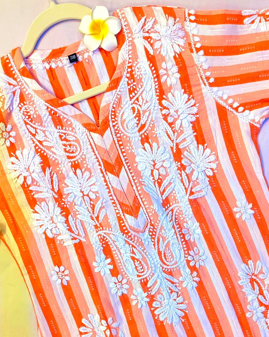Khadi Cotton Handcrafted Chikankari Kurta Straight Fit - Coral Orange - ADNEET
