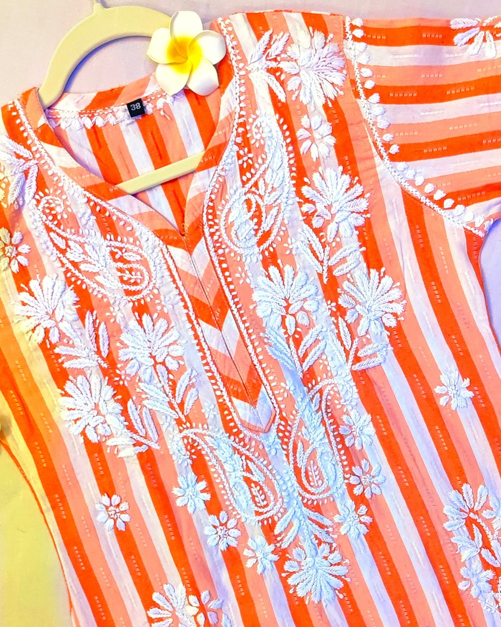 Khadi Cotton Handcrafted Chikankari Kurta Straight Fit - Coral Orange - ADNEET