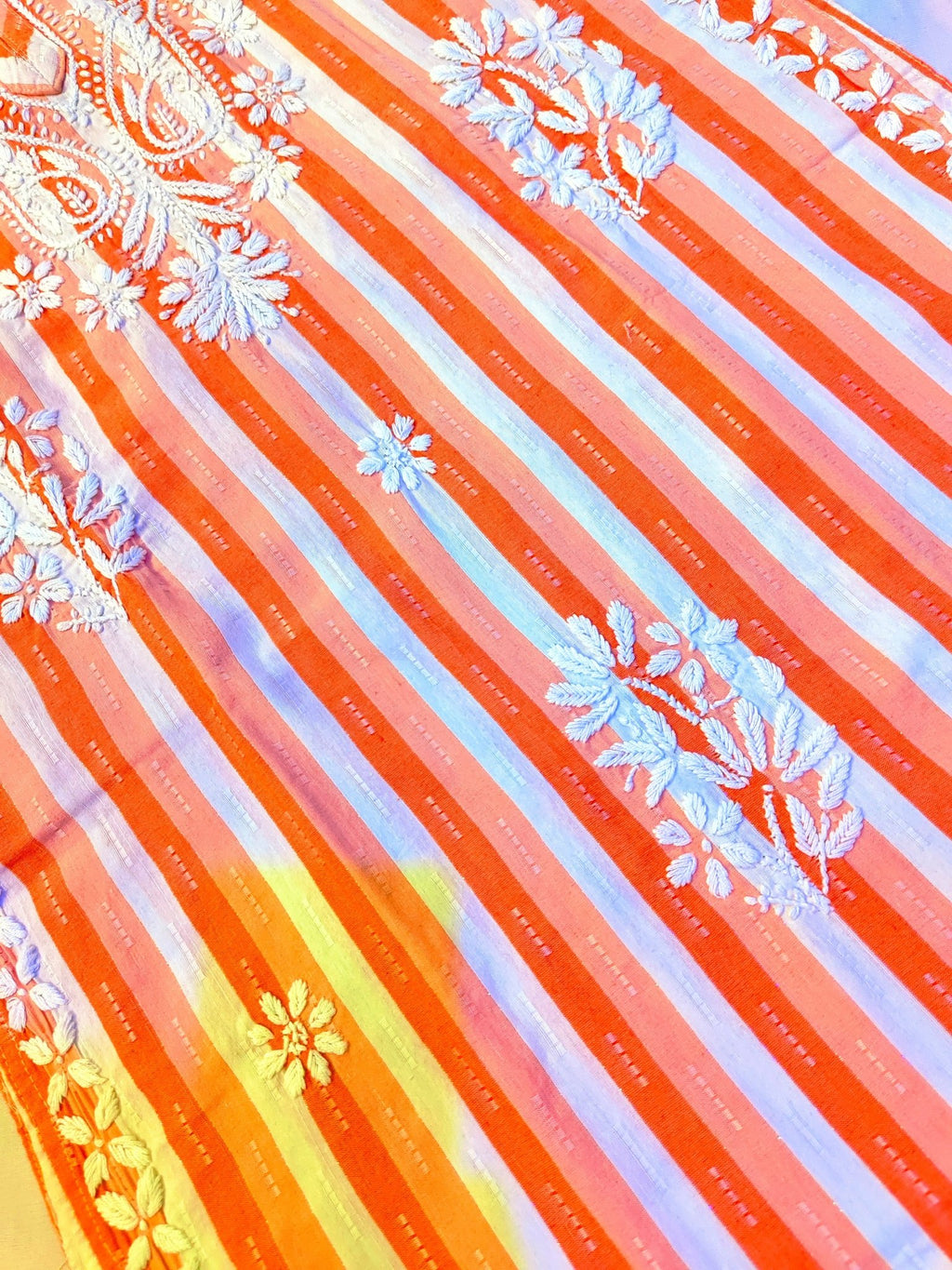 Khadi Cotton Handcrafted Chikankari Kurta Straight Fit - Coral Orange - ADNEET