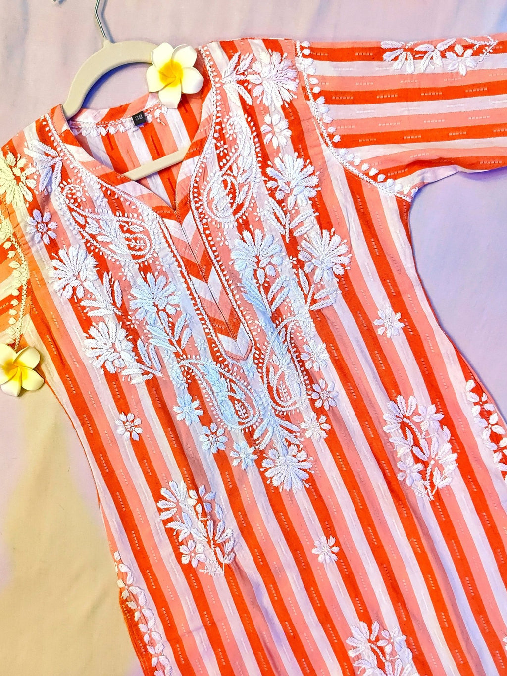 Khadi Cotton Handcrafted Chikankari Kurta Straight Fit - Coral Orange - ADNEET