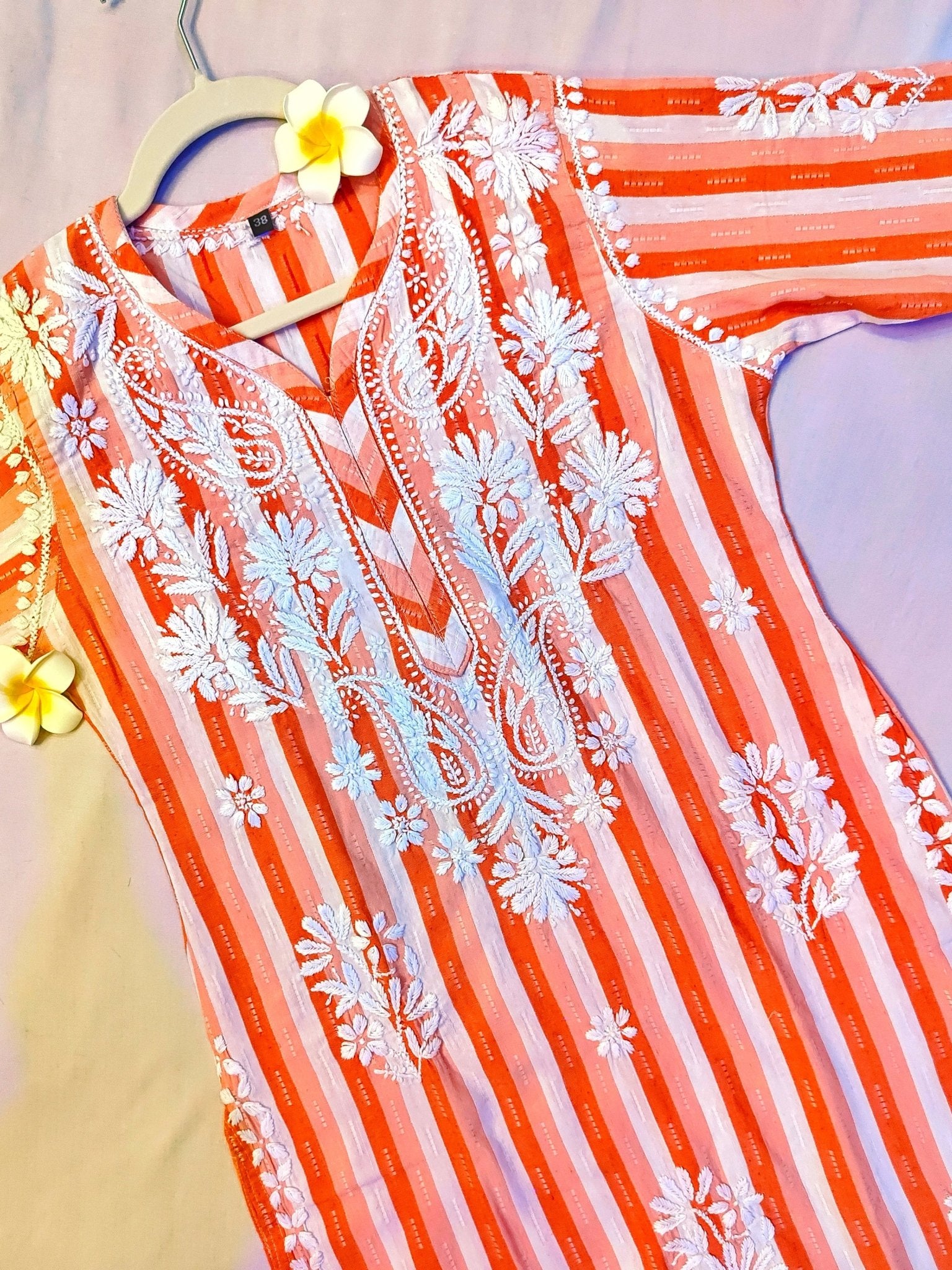 Khadi Cotton Handcrafted Chikankari Kurta Straight Fit - Coral Orange - ADNEET