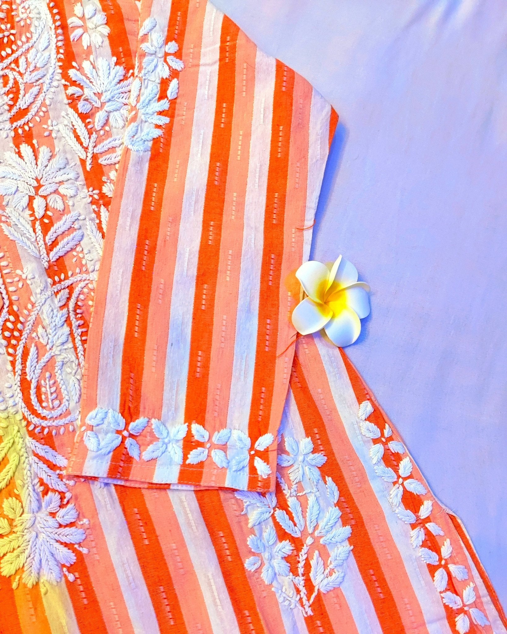 Khadi Cotton Handcrafted Chikankari Kurta Straight Fit - Coral Orange - ADNEET