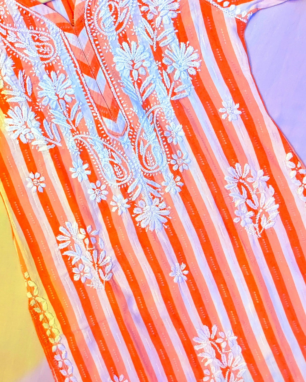 Khadi Cotton Handcrafted Chikankari Kurta Straight Fit - Coral Orange - ADNEET