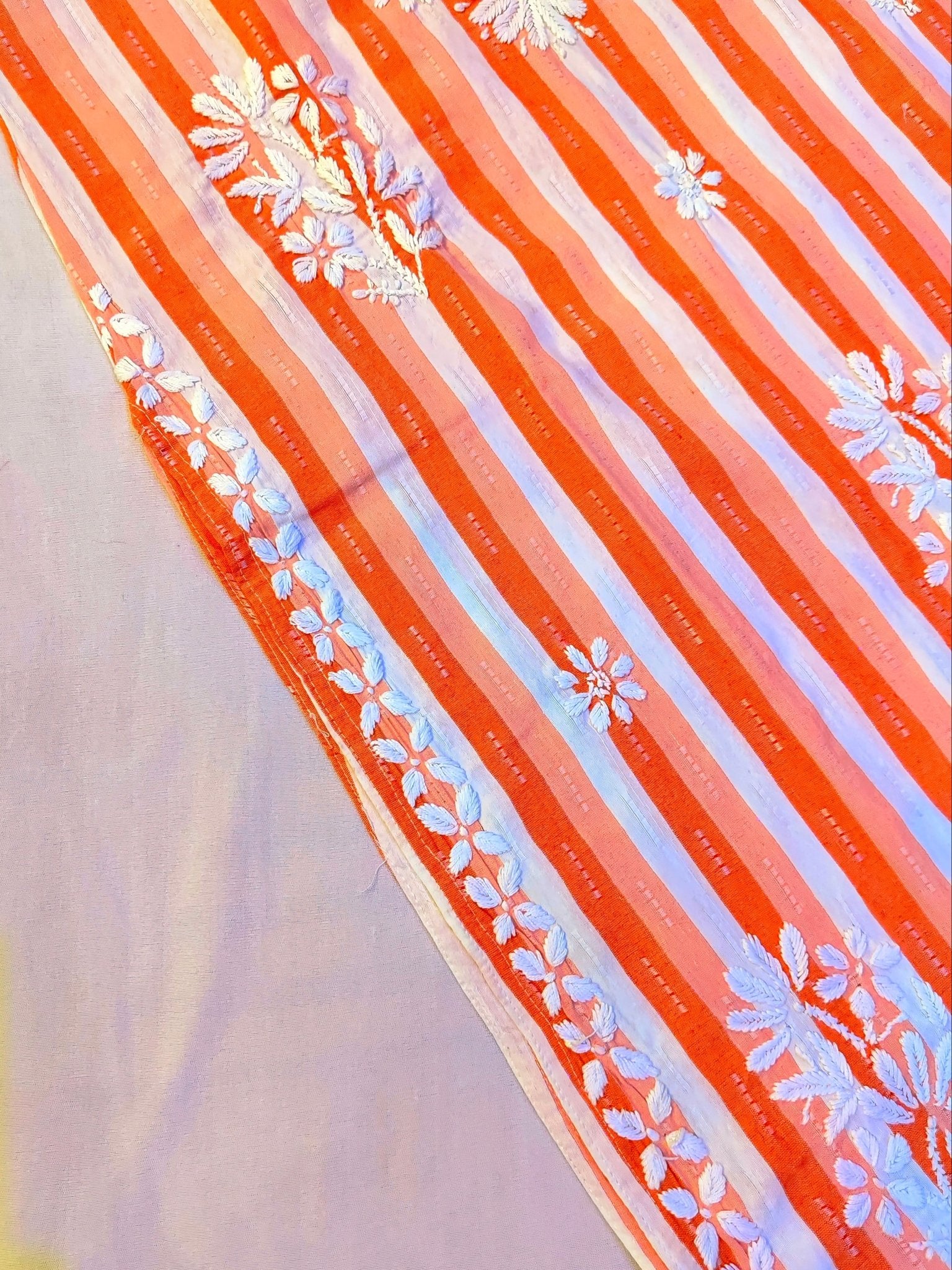 Khadi Cotton Handcrafted Chikankari Kurta Straight Fit - Coral Orange - ADNEET