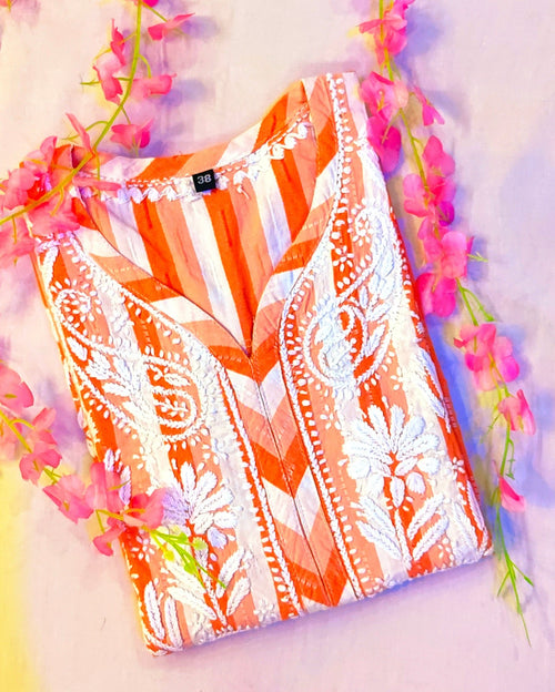 Khadi Cotton Handcrafted Chikankari Kurta Straight Fit - Coral Orange - ADNEET