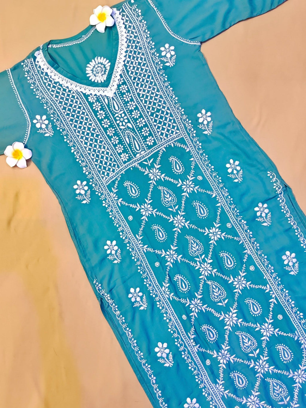 Modal Handcrafted Chikankari Kurta and Palazzo Set - Dusky Blue - ADNEET