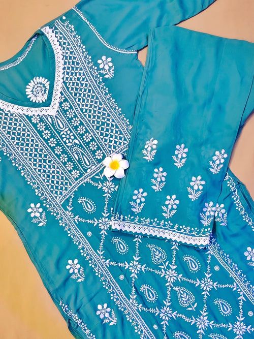 Modal Handcrafted Chikankari Kurta and Palazzo Set - Dusky Blue - ADNEET