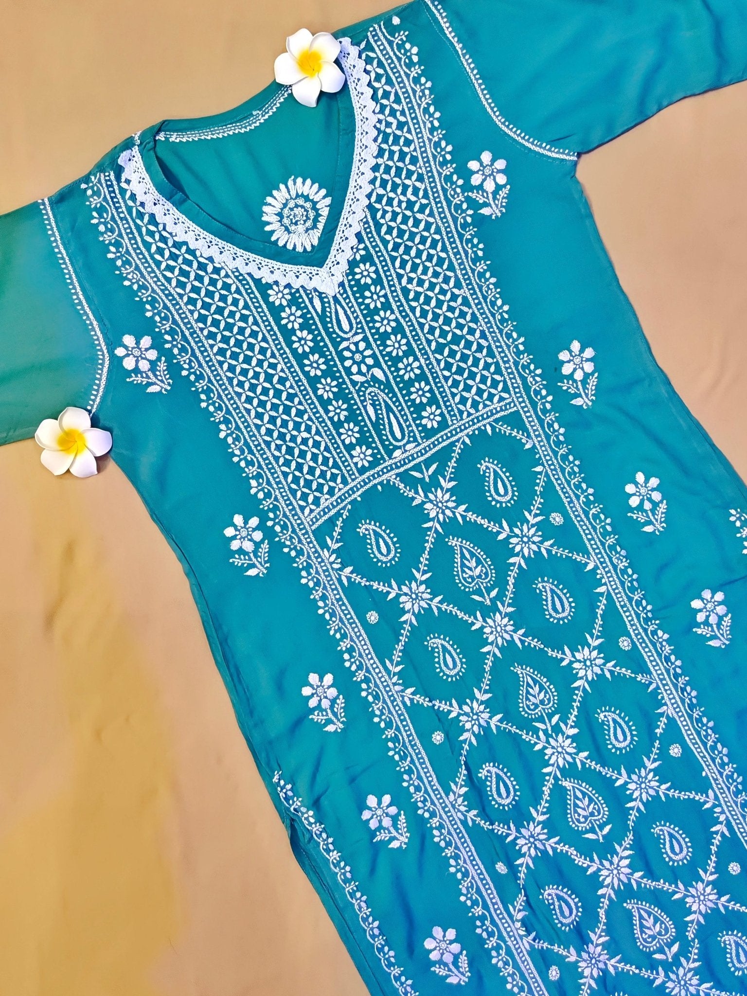 Modal Handcrafted Chikankari Kurta and Palazzo Set - Dusky Blue - ADNEET