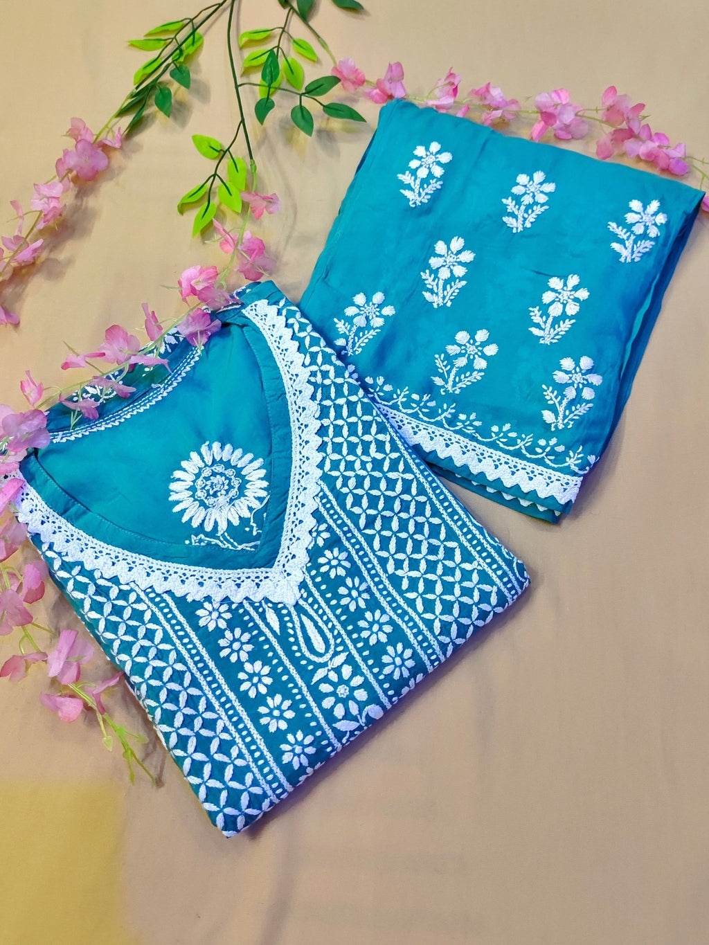 Modal Handcrafted Chikankari Kurta and Palazzo Set - Dusky Blue - ADNEET