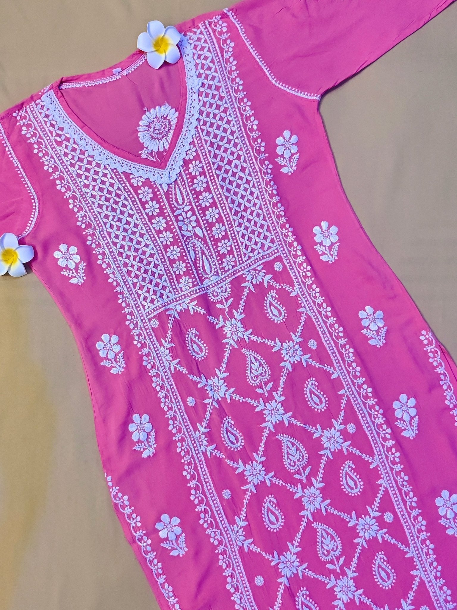 Modal Handcrafted Chikankari Kurta and Palazzo Set - Salmon Pink - ADNEET