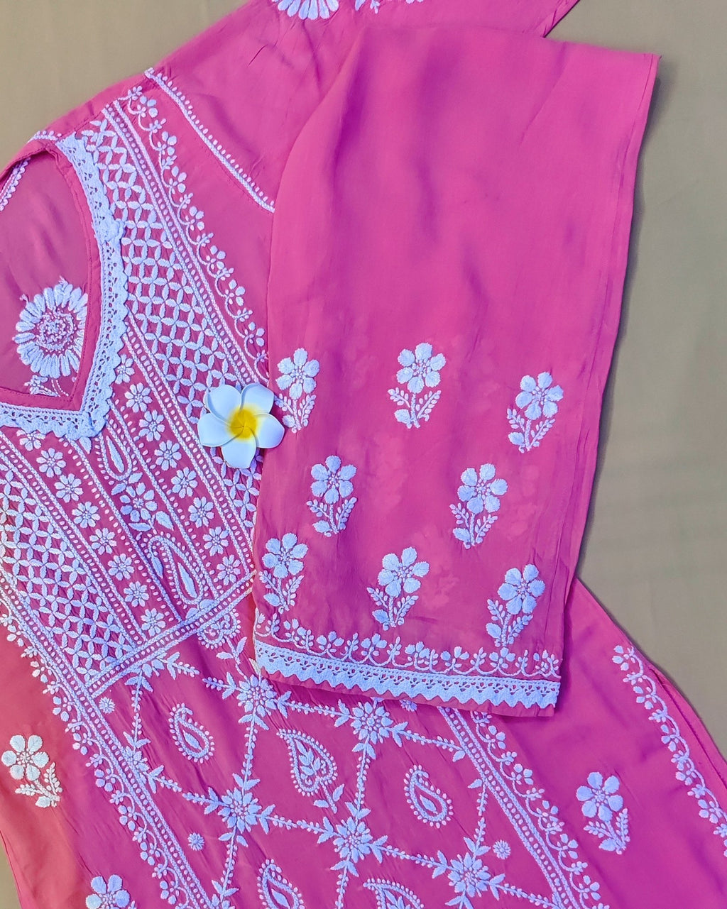 Modal Handcrafted Chikankari Kurta and Palazzo Set - Salmon Pink - ADNEET