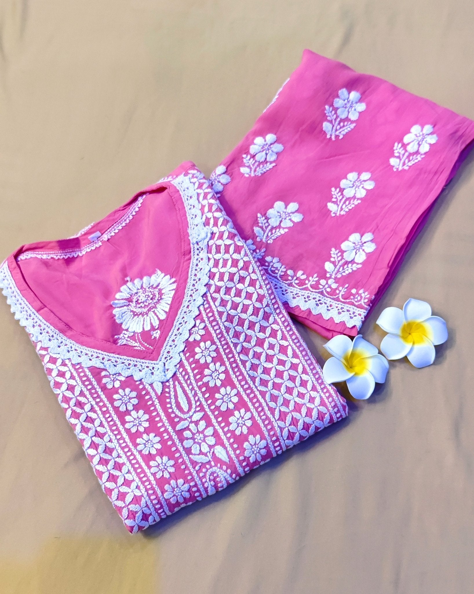 Modal Handcrafted Chikankari Kurta and Palazzo Set - Salmon Pink - ADNEET