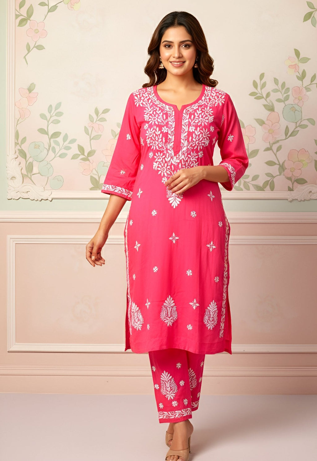Modal Handcrafted Chikankari Kurta and Pant Set - Lush Pink - ADNEET