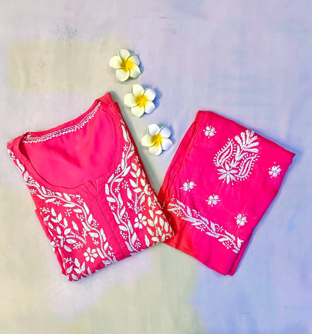 Modal Handcrafted Chikankari Kurta and Pant Set - Lush Pink - ADNEET
