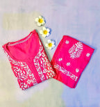 Modal Handcrafted Chikankari Kurta and Pant Set - Lush Pink - ADNEET