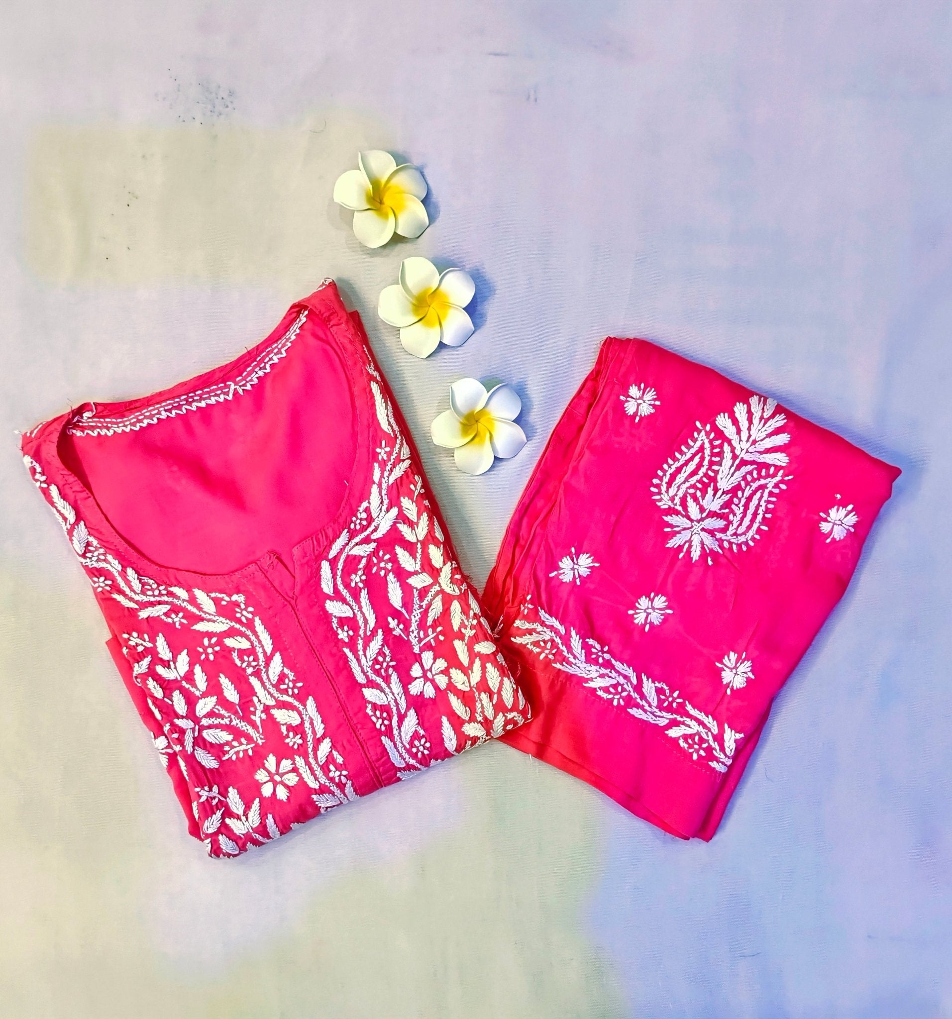 Modal Handcrafted Chikankari Kurta and Pant Set - Lush Pink - ADNEET