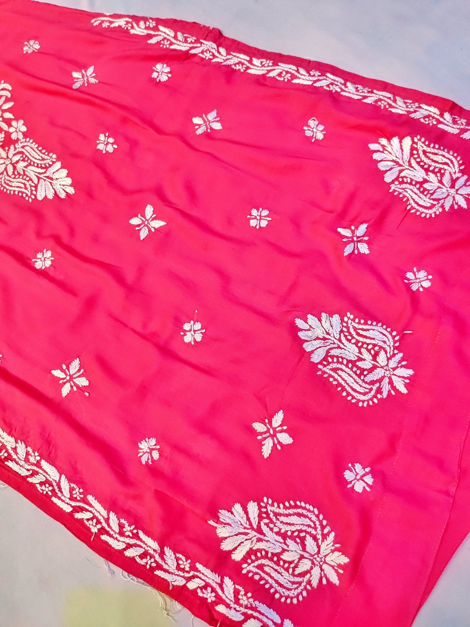 Modal Handcrafted Chikankari Kurta and Pant Set - Lush Pink - ADNEET