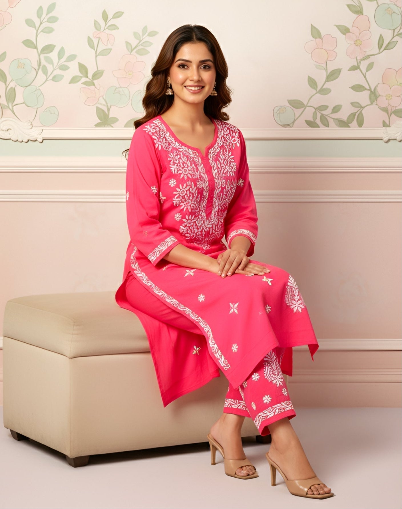 Modal Handcrafted Chikankari Kurta and Pant Set - Lush Pink - ADNEET