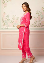 Modal Handcrafted Chikankari Kurta and Pant Set - Lush Pink - ADNEET