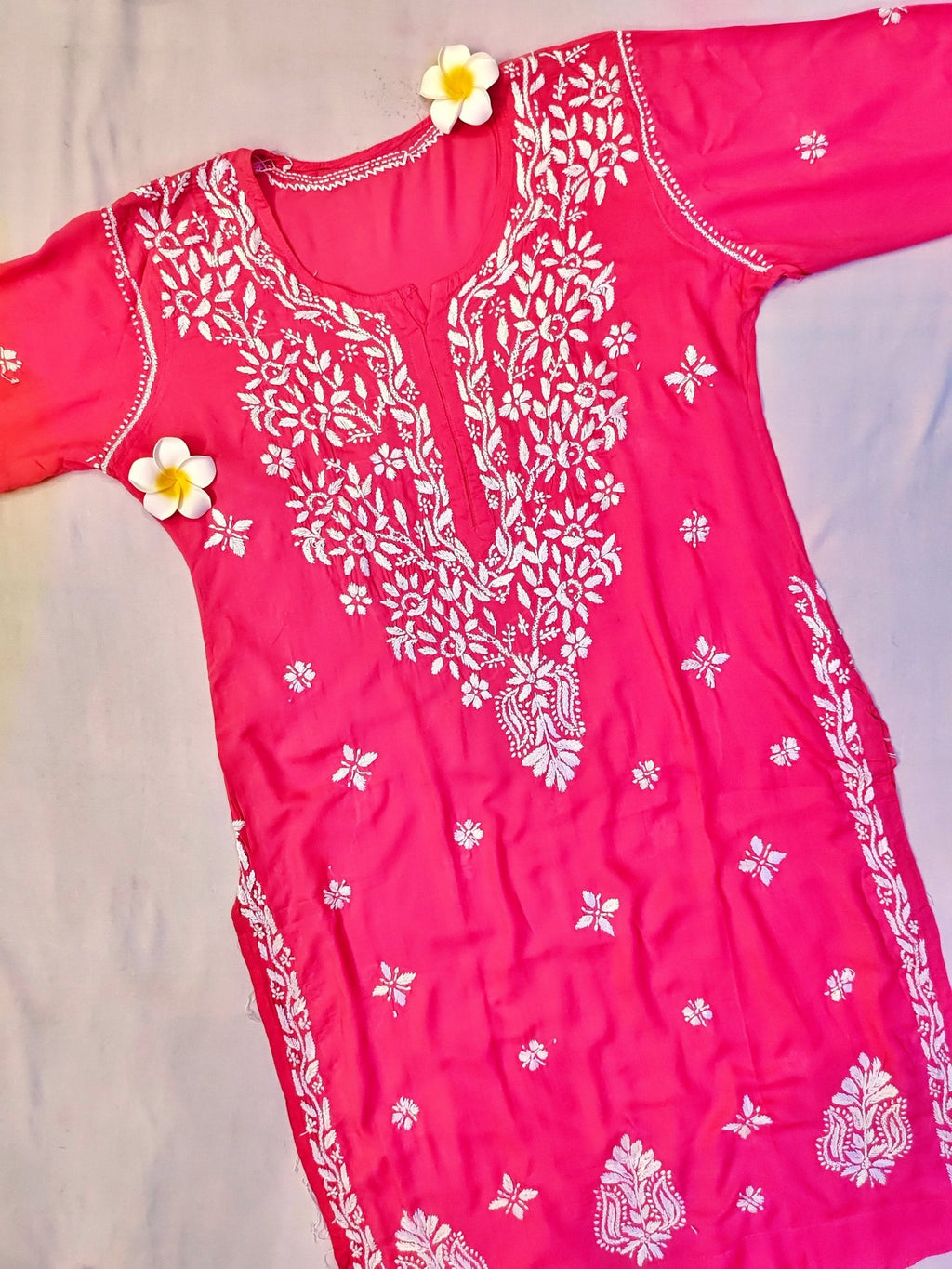 Modal Handcrafted Chikankari Kurta and Pant Set - Lush Pink - ADNEET