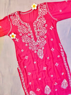 Modal Handcrafted Chikankari Kurta and Pant Set - Lush Pink - ADNEET