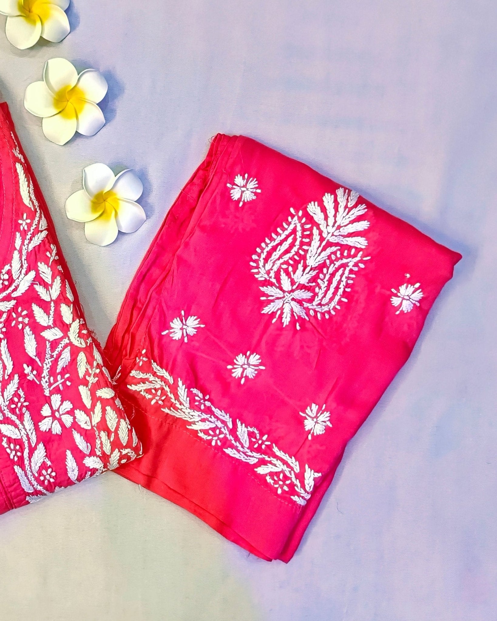 Modal Handcrafted Chikankari Kurta and Pant Set - Lush Pink - ADNEET