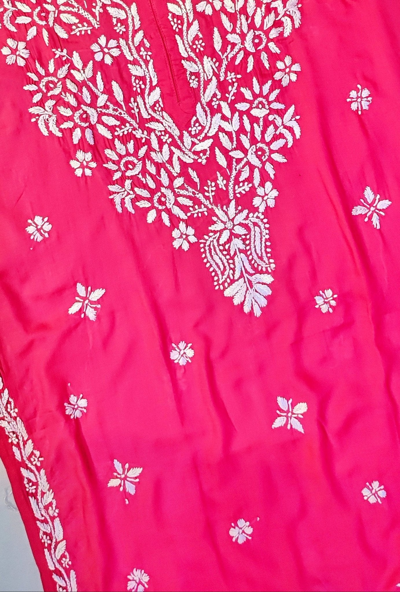 Modal Handcrafted Chikankari Kurta and Pant Set - Lush Pink - ADNEET