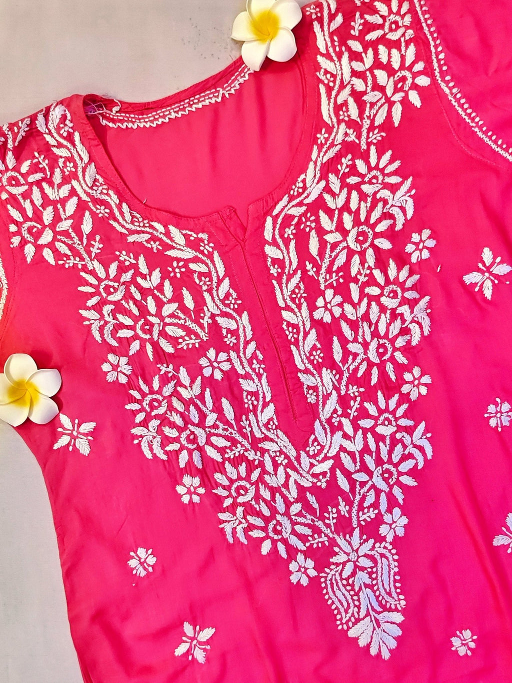 Modal Handcrafted Chikankari Kurta and Pant Set - Lush Pink - ADNEET