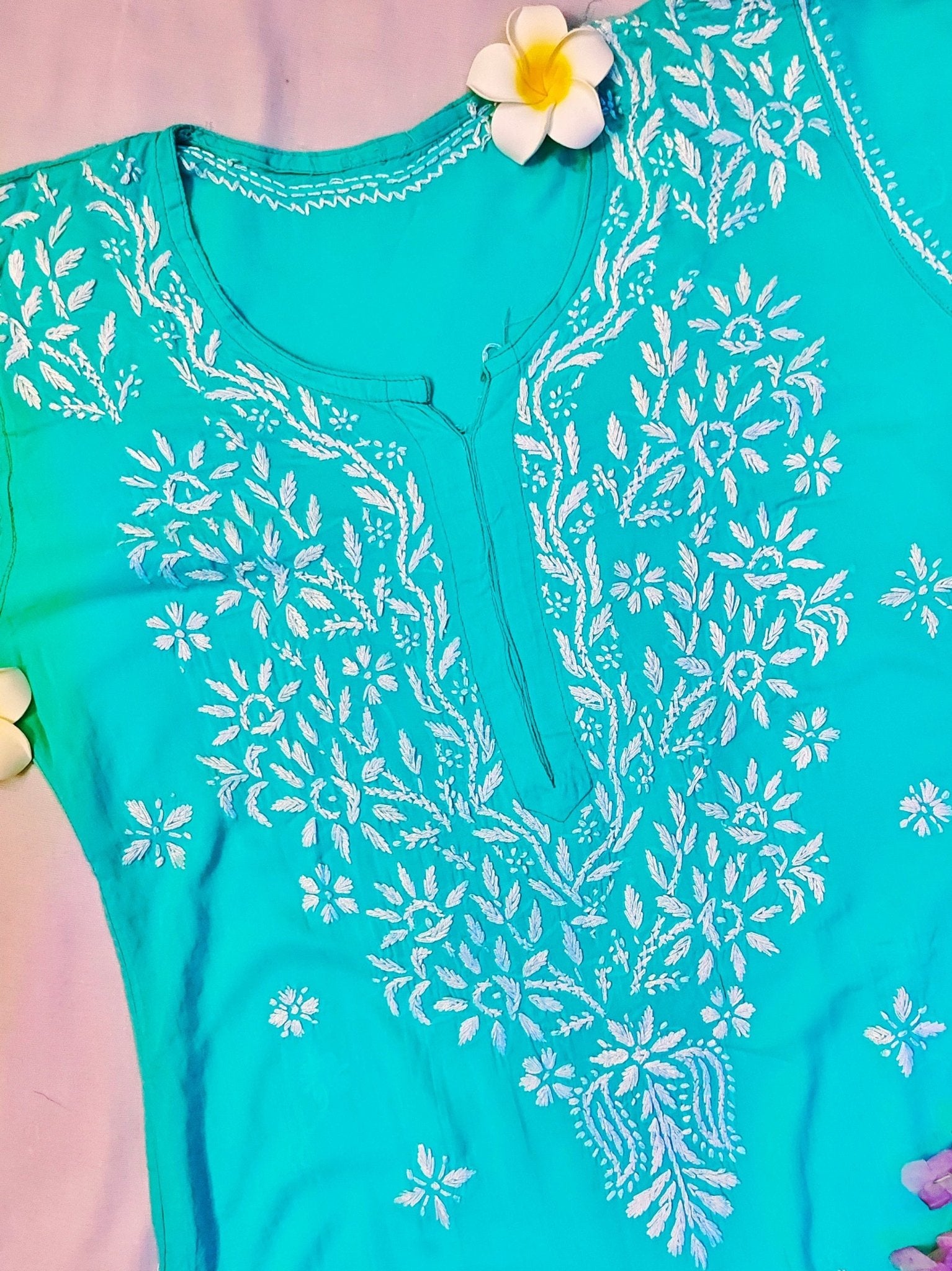 Modal Handcrafted Chikankari Kurta and Pant Set - Turquoise Green - ADNEET