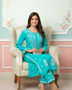 Modal Handcrafted Chikankari Kurta and Pant Set - Turquoise Green - ADNEET