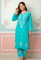 Modal Handcrafted Chikankari Kurta and Pant Set - Turquoise Green - ADNEET