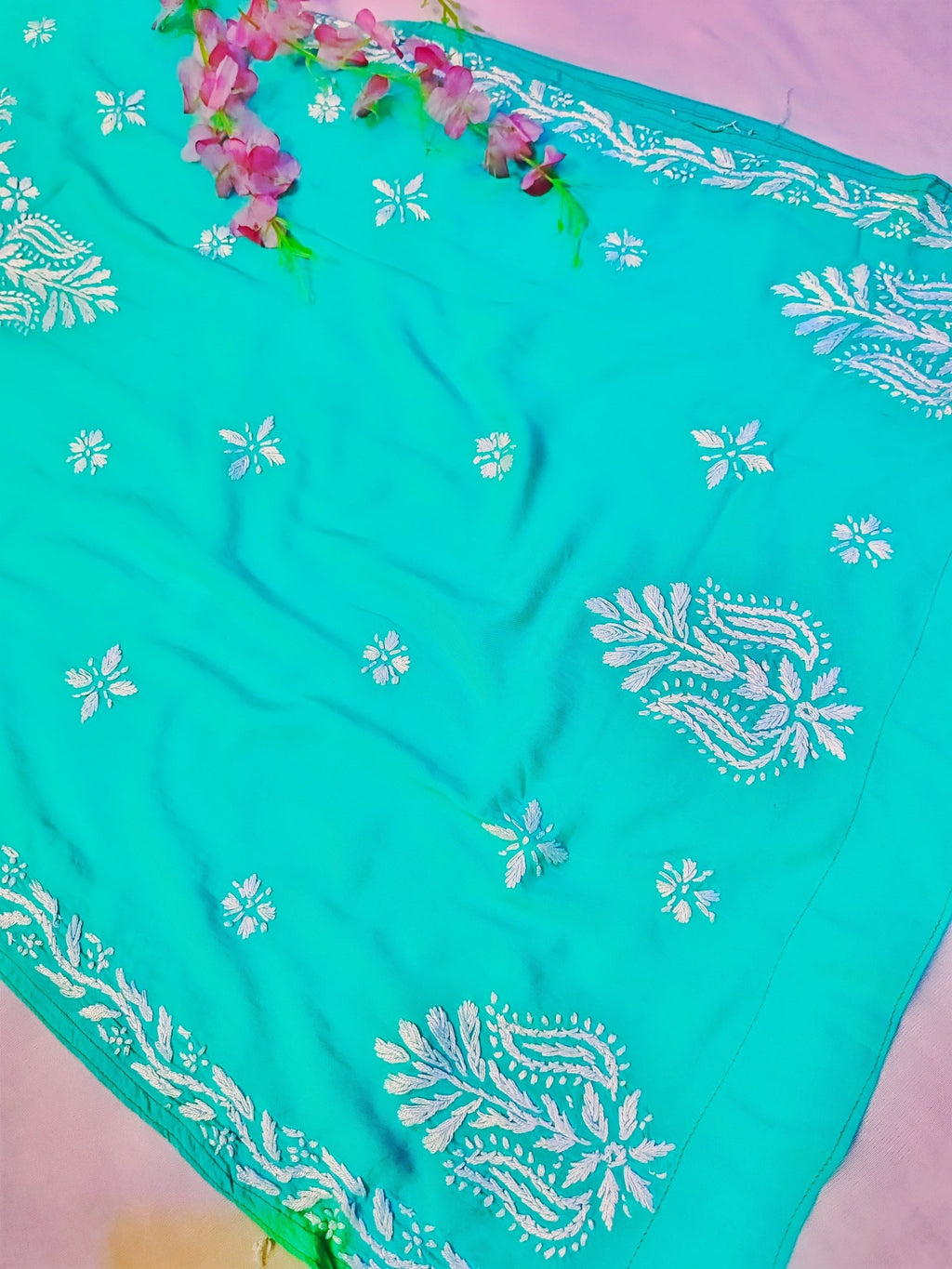 Modal Handcrafted Chikankari Kurta and Pant Set - Turquoise Green - ADNEET