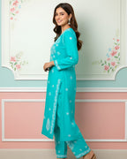 Modal Handcrafted Chikankari Kurta and Pant Set - Turquoise Green - ADNEET